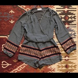 Blush Striped, Low-Cut Romper With Aztec Print